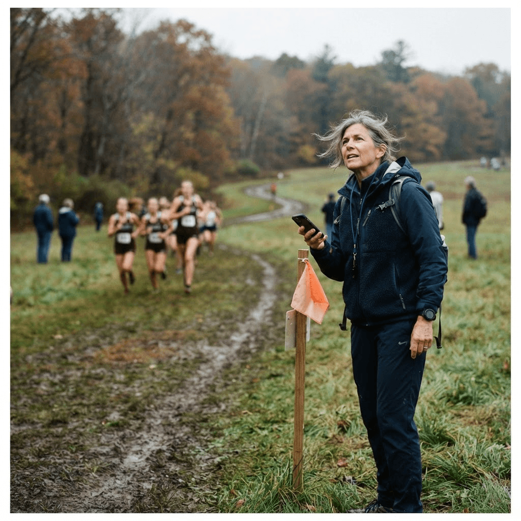 A cross-country coach timing runners at a mile-marker checkpoint on a grassy course